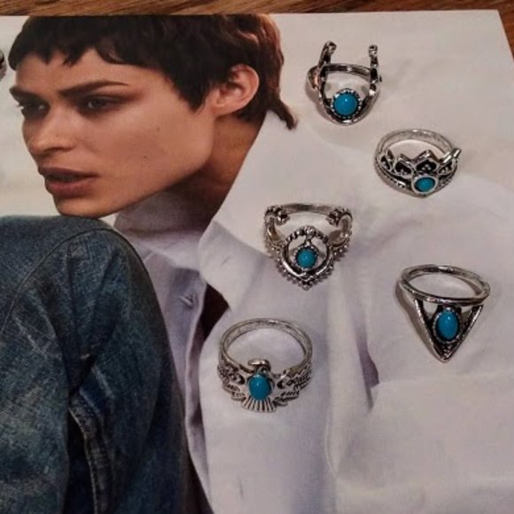 Silver Turquoise Stacking Ring Set - Picture 5 of 7